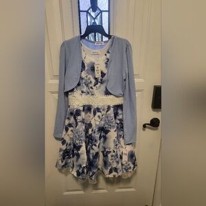 Floral Blue and White Dress with Light Blue Cardigan